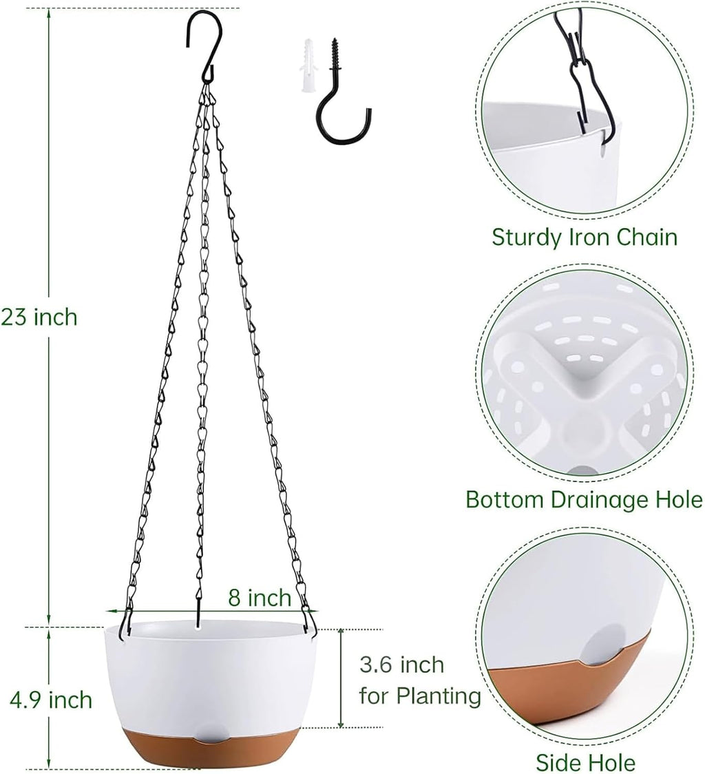Set of 2-8 Inch Hanging Planters for Indoor Outdoor Plants | Self-Watering Hanging Flower Pots with Drainage Hole &