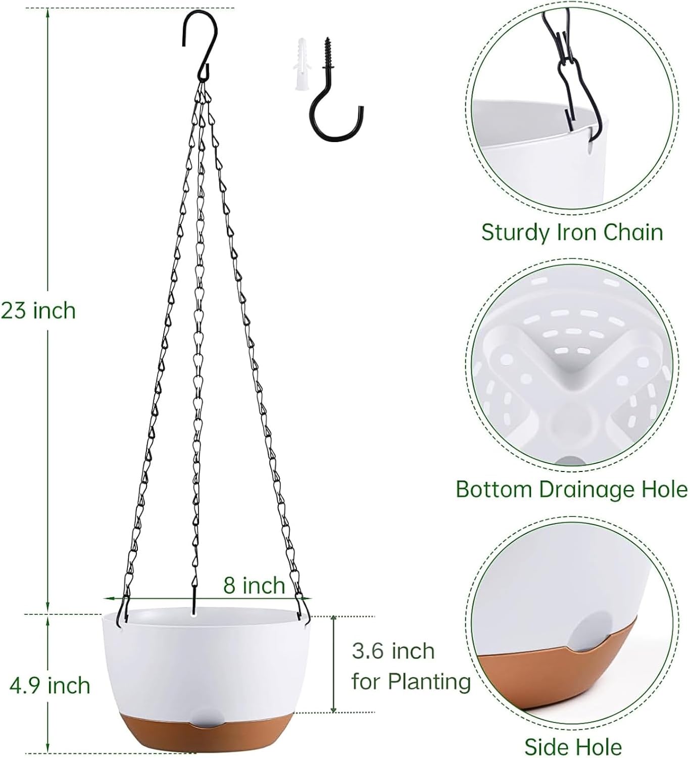 Set of 2-8 Inch Hanging Planters for Indoor Outdoor Plants | Self-Watering Hanging Flower Pots with Drainage Hole &