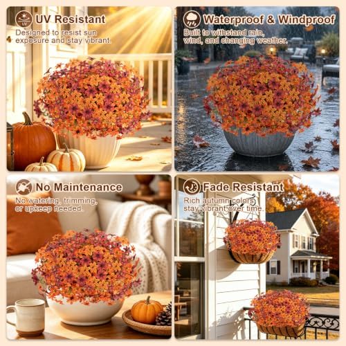 12 Pcs Artificial Fall Flowers for Outdoors, UV Resistant Fake Mums Porch