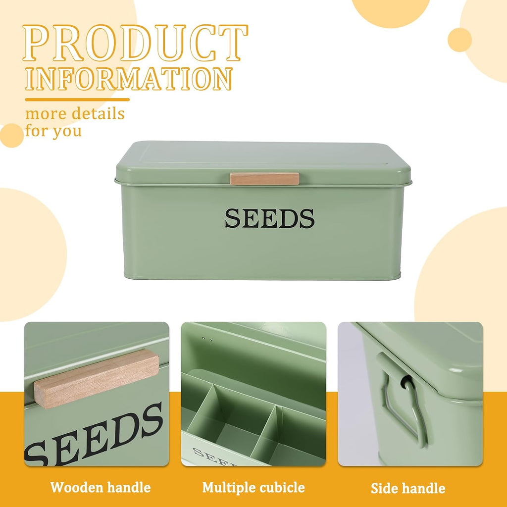 Seed Storage Organizer with 4 Dividers,Metal Seed Saving Box with Lid, Seeds Bin Storage Container Kit with 2 Pens,20