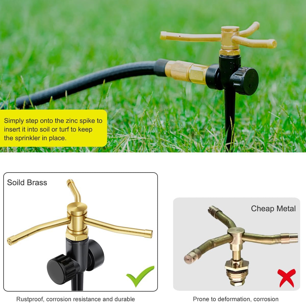 FANHAO 2 Pack Metal Lawn Sprinklers with Spike Base, Heavy Duty Automatic Rotary Garden Sprinkler System, 3-Arm Water