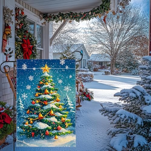 Winter Christmas Tree Garden Flag for Outside, Snowflake Xmas Ball Welcome Christmas Yard Flag 12x18 Inch Double Sided Burlap Holiday Farmhouse Home Decoration Outdoor Flag