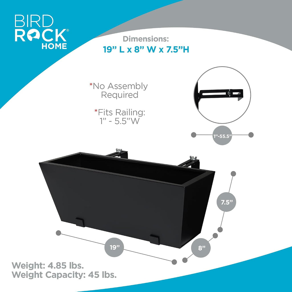 BIRDROCK HOME 2pk Metal Railing Planter Box | Flower Boxes for Deck Railings | Adjustable Rail Hanging Bracket | Black