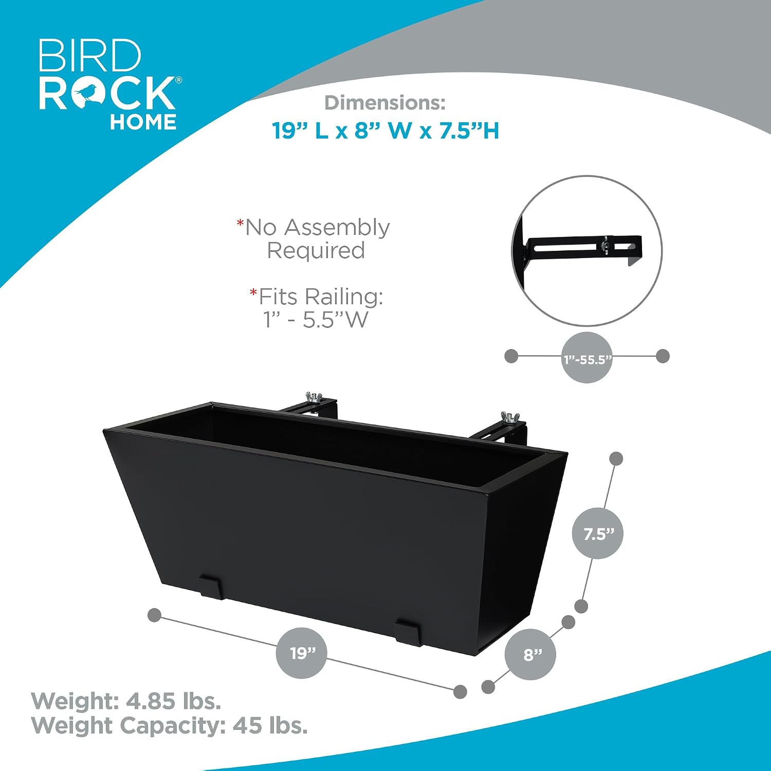 BIRDROCK HOME 2pk Metal Railing Planter Box | Flower Boxes for Deck Railings | Adjustable Rail Hanging Bracket | Black