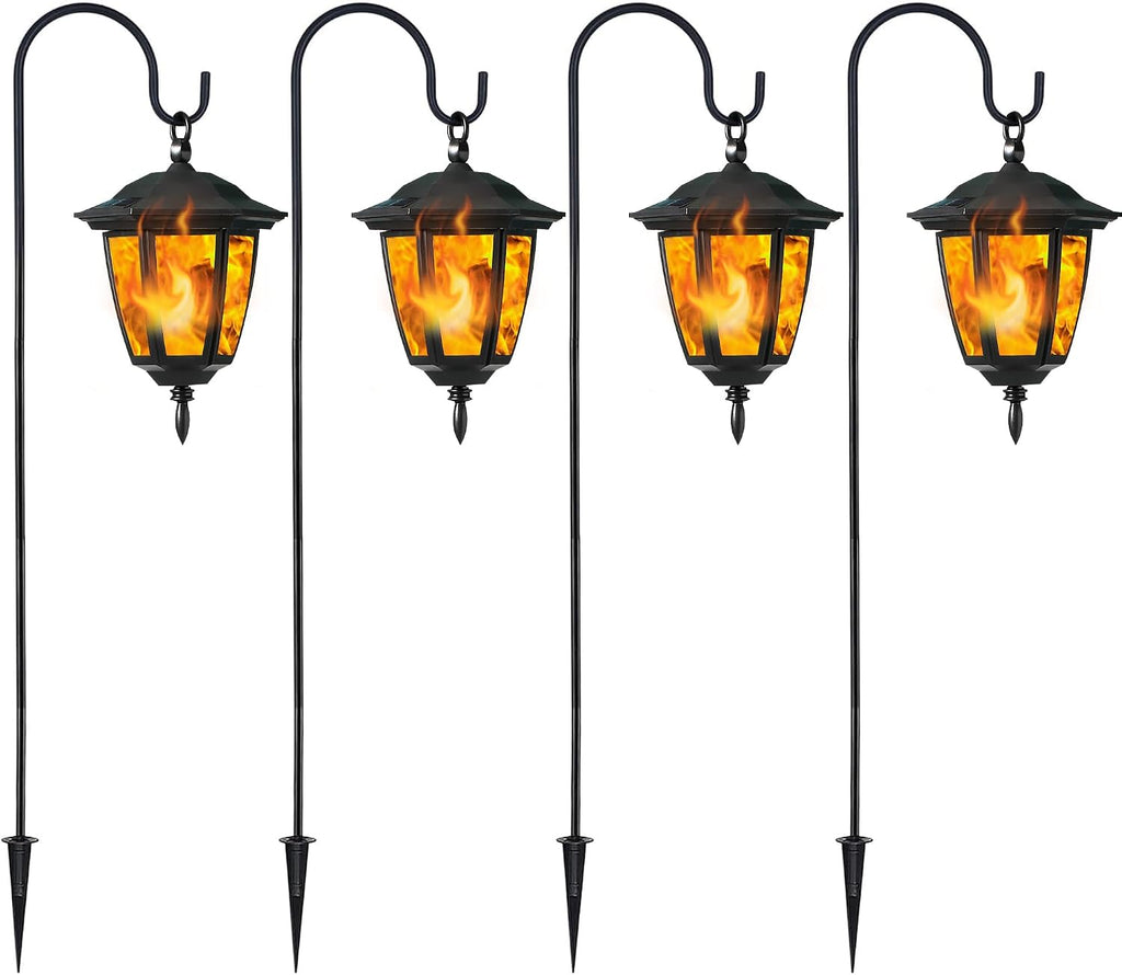 Dynaming 4 Pack Solar Flame Hanging Lights Outdoor, Halloween Solar Flickering Flame LED Garden Lanterns with 4 x 38 Inch Shepherd Hooks, Christmas Lighting for Lawn Patio Yard Pathway Driveway