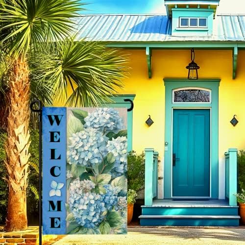 Hydrangea Garden Flags Welcome Spring Summer Yard Flag Waterproof Blue Floral Garden Flag for Outside Double Side Burlap Flowers House Banner Decor Standard Size 12×18 Inch