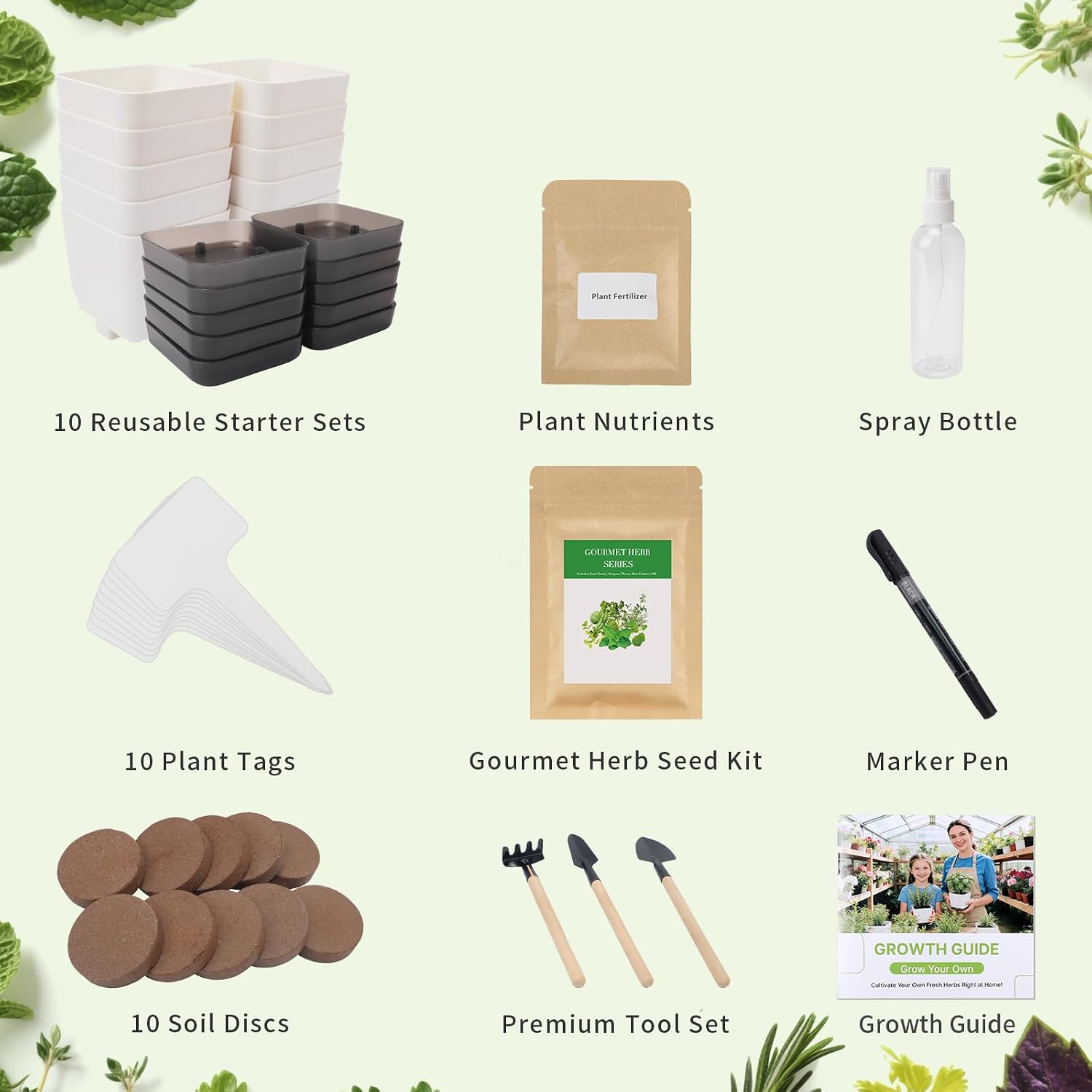 10-Set Indoor Herb Garden Starter Kit, 7 Seeds Growing into Basil, Parsley, Thyme, Mint, Cilantro, Dill, Oregano