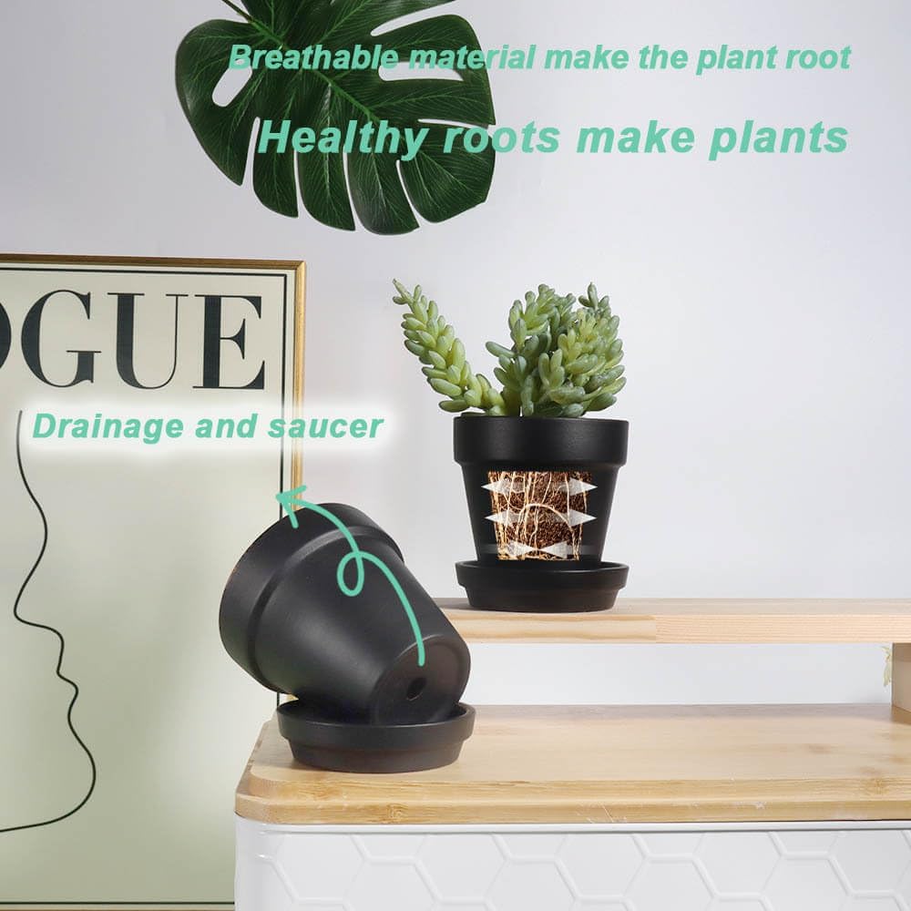 3 Inch Black Terracotta & Clay Pots with Saucer, 12 Pack | Clay Flowerpot with Drainage, Nursery pot for succulents