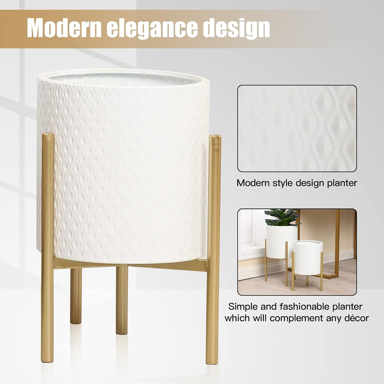 LuxenHome Indoor Planters, Set of 2 White Planter with Gold Metal Stand | Planters for Indoor Plant, Indoor Plant Pots
