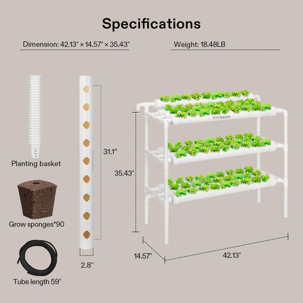 VIVOSUN Hydroponics Growing System 90 Plant Sites, 3 Layers 10 Food-Grade PVC-U Pipes Hydroponic Gardening System Grow