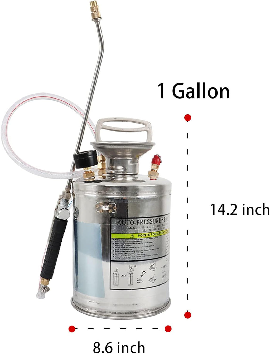 1 Gallon Stainless Steel Sprayer, 12 Wand & 3FT Reinforced Hose, Heavy Duty Hand Pump Sprayer with Pressure Gauge