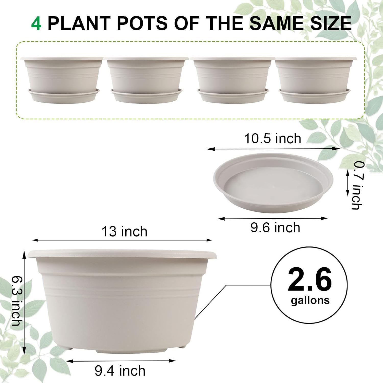 Large 4 Pack 13 inch Plant Pots, Round Plastic Pots for Plants with Trays | Outdoor Planters with Drainage Hole &