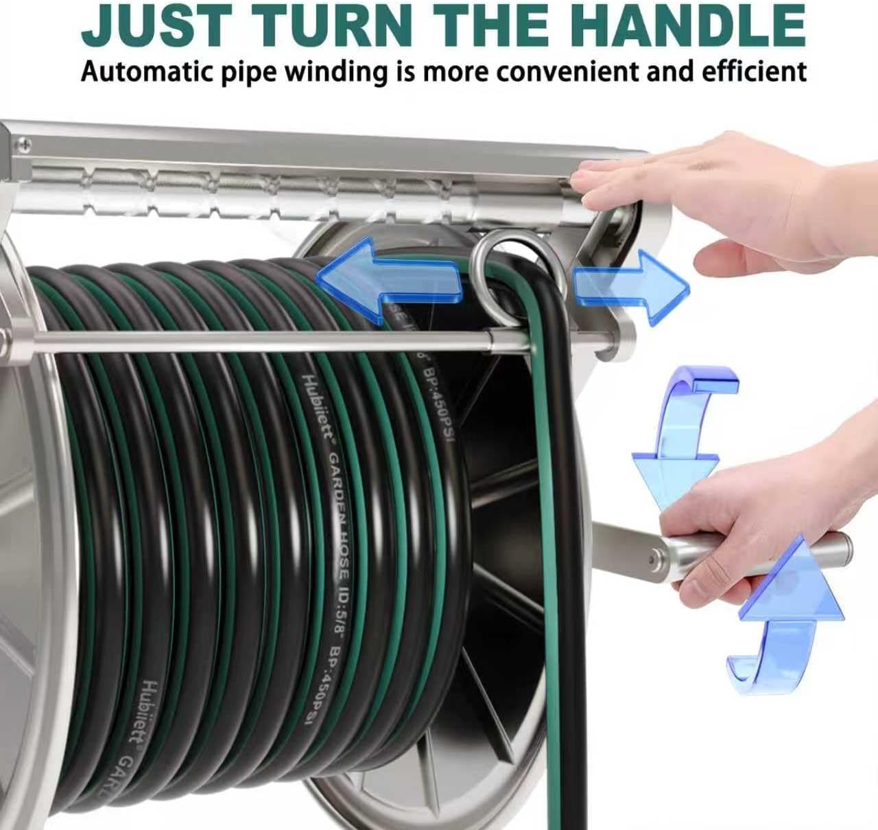 Stainless Steel Garden Hose Reel Heavy Duty, Wall Mount Water Hose Holder, 150 Feet of 5/8 Inch Hoses Capacity, Hose
