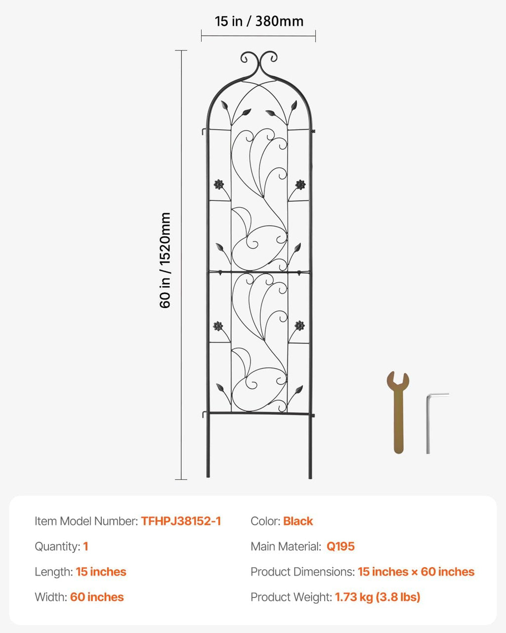 VEVOR 60 x 15 in, Rustproof Metal Garden Flower Trellis, Outdoor Climbing Rose & Cucumber Support, Decorative Tall