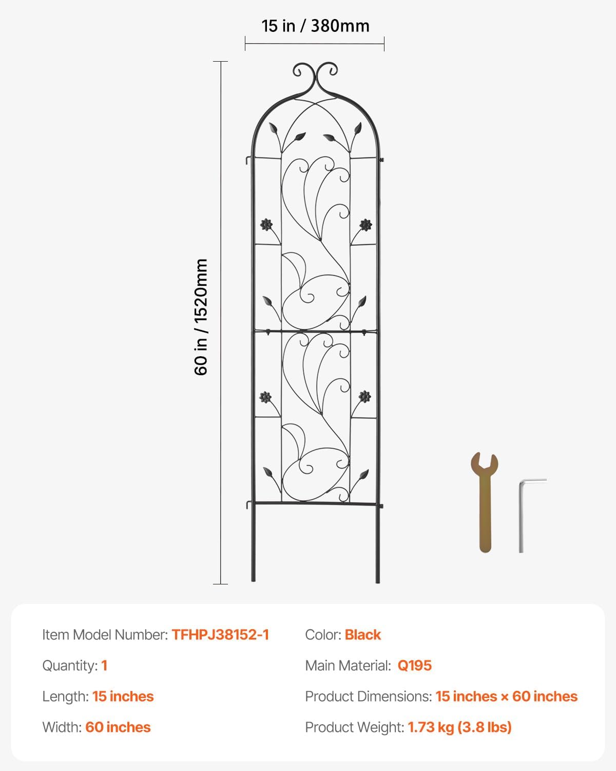 VEVOR 60 x 15 in, Rustproof Metal Garden Flower Trellis, Outdoor Climbing Rose & Cucumber Support, Decorative Tall