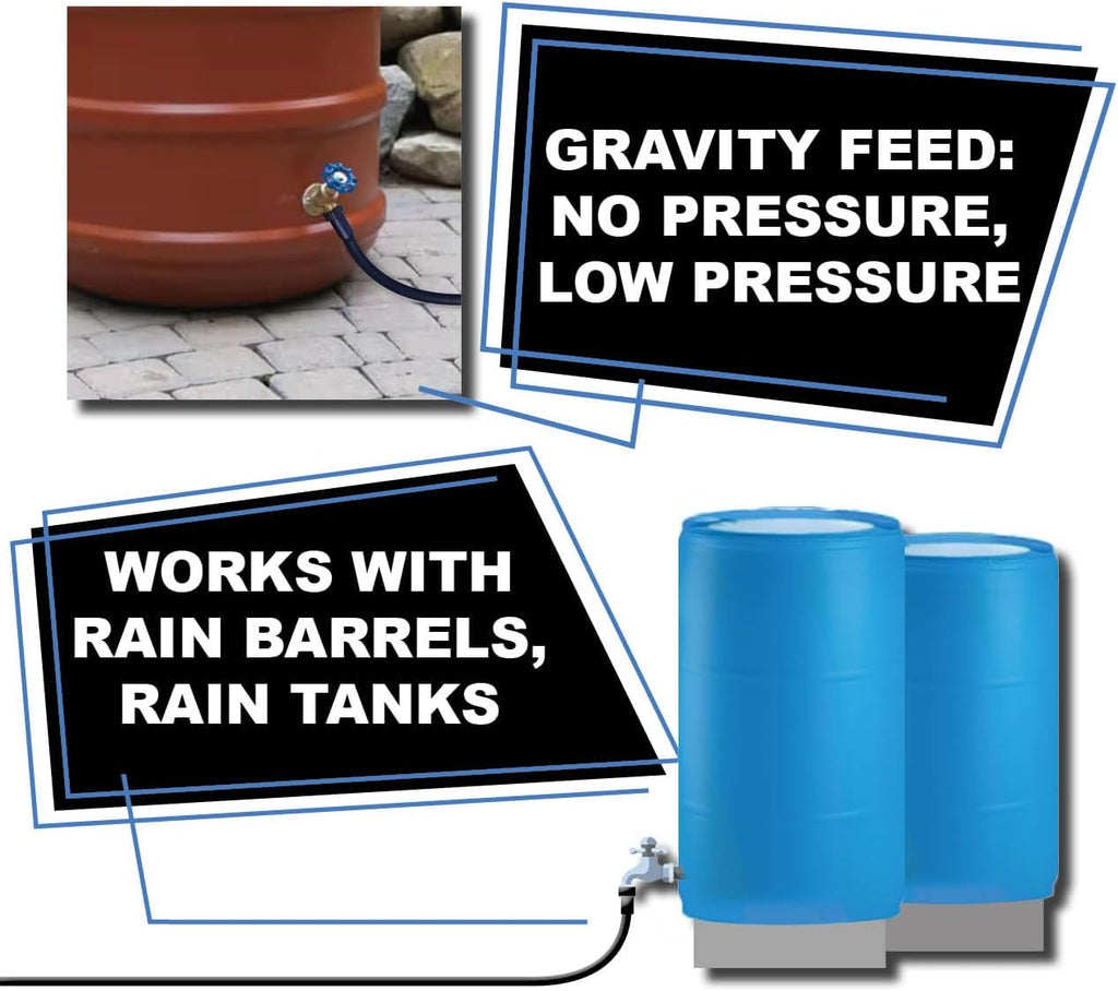 BlueBarrel™ Gravity-Fed Drip Irrigation Kit with Inline Emitters: No-Pressure/Low-Pressure Irrigation for Rain Barrels