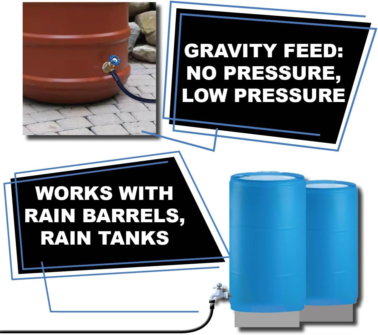 BlueBarrel™ Gravity-Fed Drip Irrigation Kit with Inline Emitters: No-Pressure/Low-Pressure Irrigation for Rain Barrels