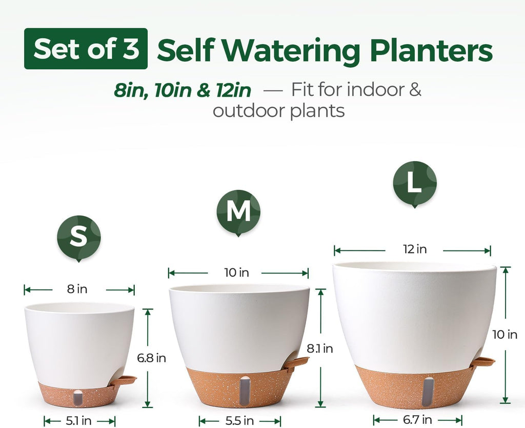 T4U Self Watering Pots for Indoor Plants, 8-12 Inch, 3 Pack, White | Visible water level window, Pothos and monstera