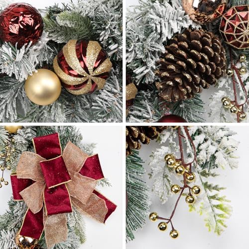 Christmas Garland for Front Door, 6 Foot Artificial Unlit Winter Garland with Pine Cones, Berry Clusters, Burgundy Ball Ornaments and Ribbon for Thanksgiving Holiday Christmas Decoration