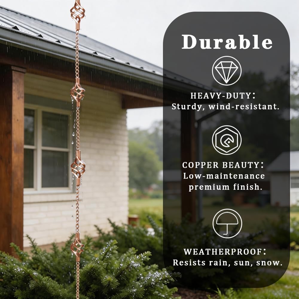 APX Gutter Rain Chains 11 Ft, Decorative Downspout Set with Hook & Anchor. | Cooper 11 Spiral Cups, Heavy Duty &