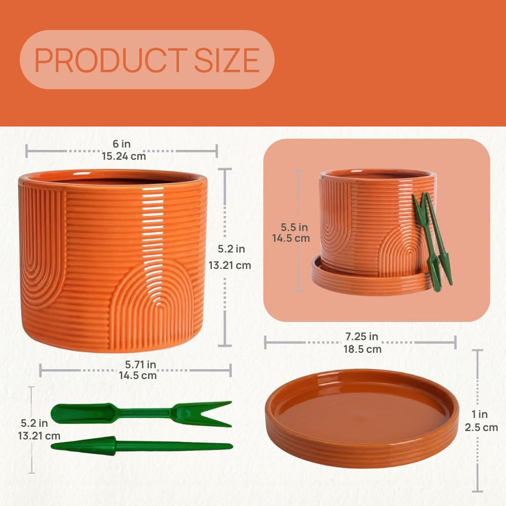 6 Inch Ceramic Plant Pot with Drainage Hole & Tray – Terracotta | Complete Planting Kit: Drainage Hole, Matching Tray &