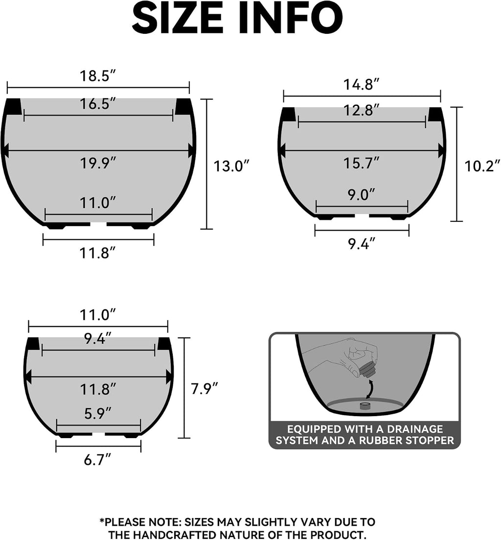 Kante Large Round Bowl CON Gray Concrete Planter 19.9" Dia, Outdoor | Rubber Plug for Indoor, Drainage for Garden