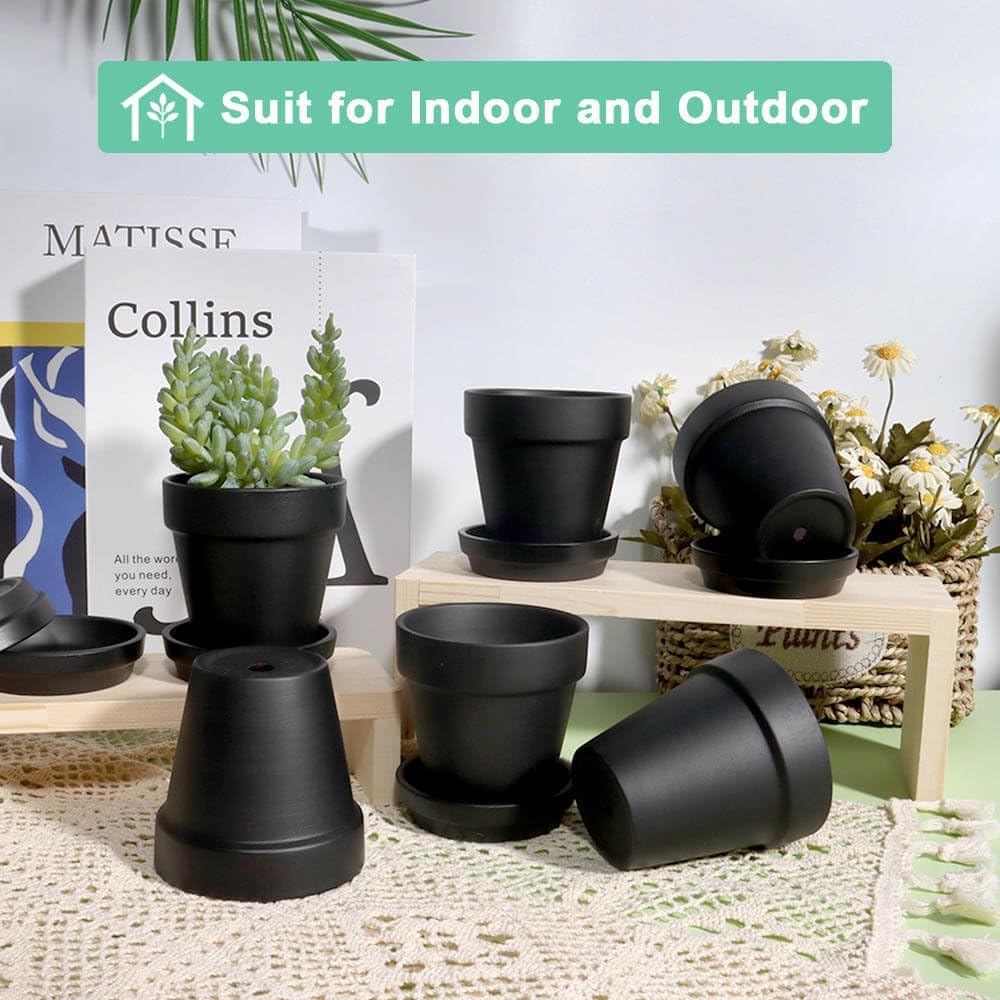 3 Inch Black Terracotta & Clay Pots with Saucer, 12 Pack | Clay Flowerpot with Drainage, Nursery pot for succulents