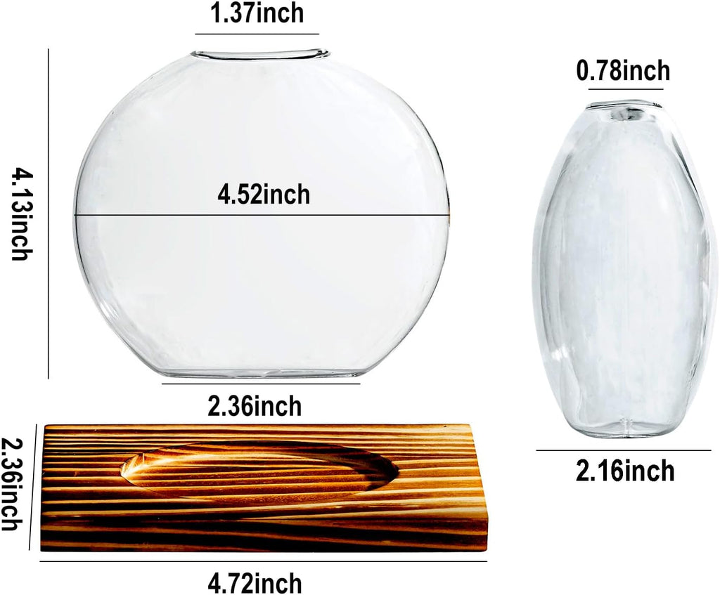 Glass Planter Propagation Station with Wooden Base - Clear Oblate Hydroponic Vase, Decorative Desktop Flower Vase for