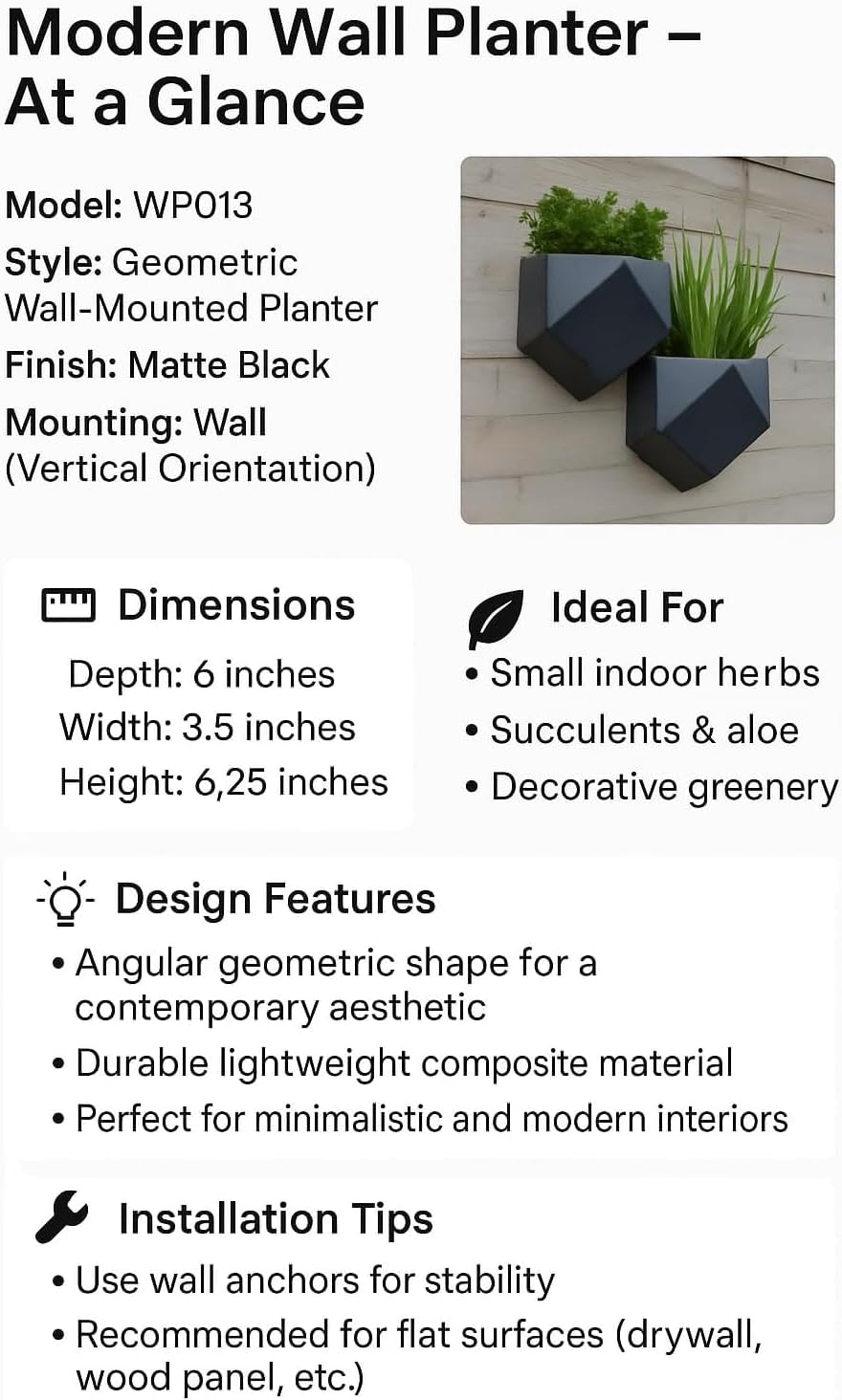 Vertical Garden Wall Planters – 2-Pack Modern Matte Black Geometric Pots for Indoor Plants, Wall Vase, Indoor and