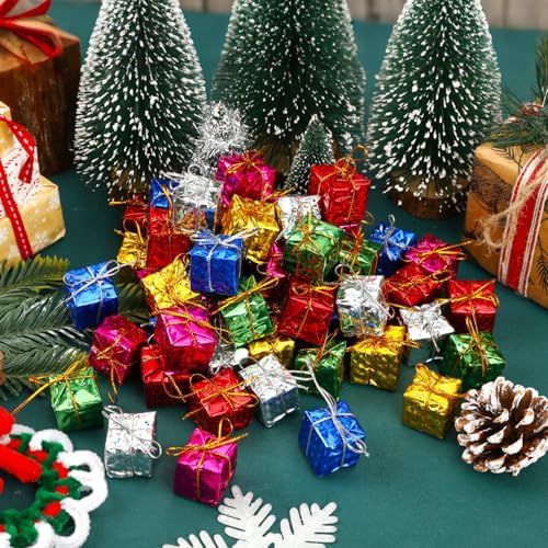 JUNEBRUSHS 120 Pcs Christmas Mini Boxes, Mini Foam Presents Small Shiny Gift Box Hanging Ornaments for Christmas Tree Home Decor Xmas Crafts