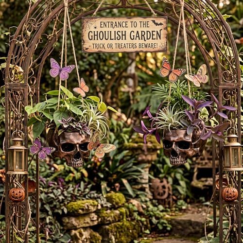 2 Pack Bronze Halloween Hanging Skull Planter with Rope
