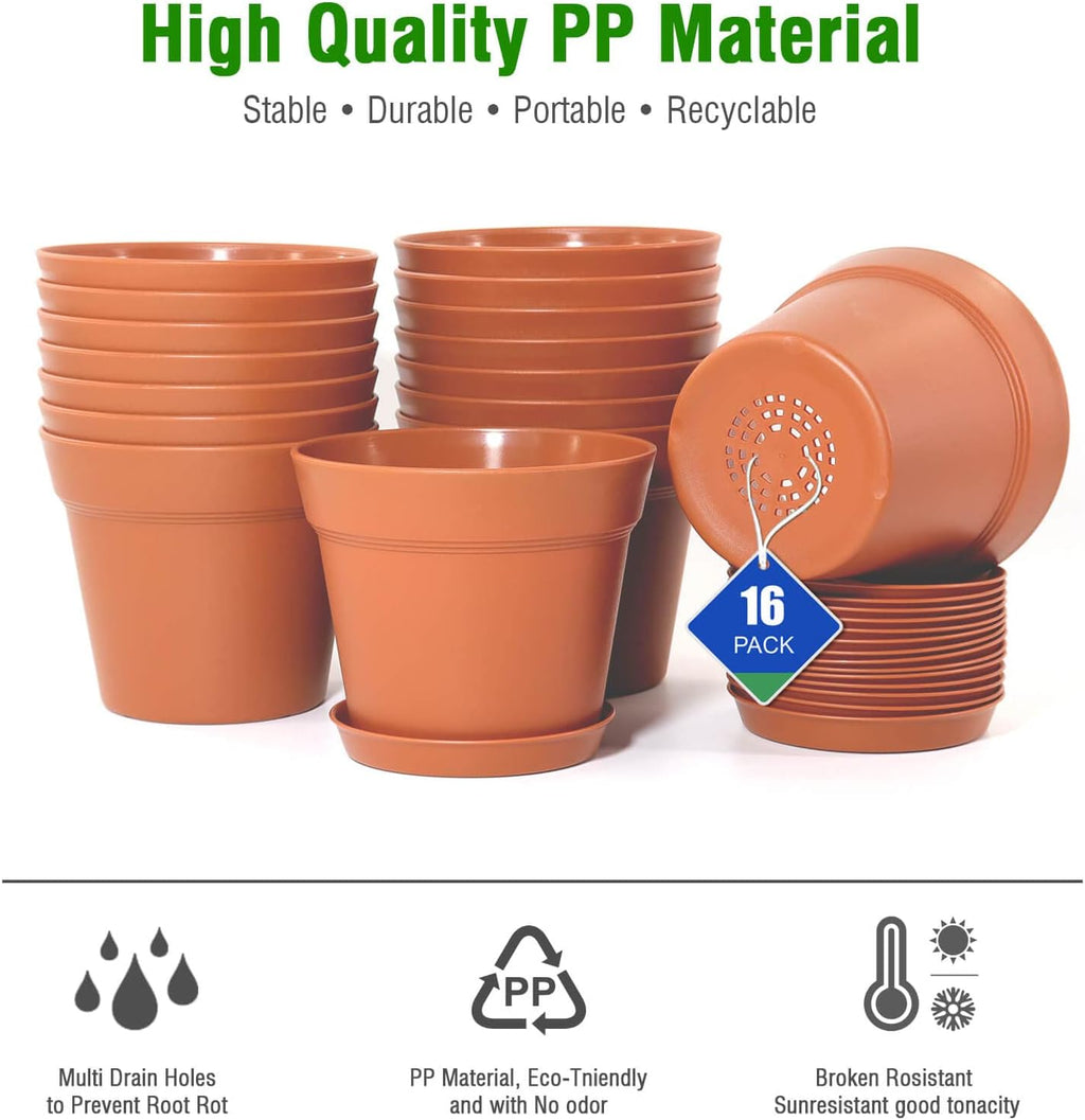 WOUSIWER 16 Pack 6 inch Plastic Planters, Plastic Indoor Planter Flower Pots, Heavy Duty and Stylish 6 Inch Plant Pots