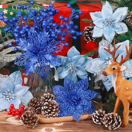 Hommtina 56 Pcs Christmas Decorations, 4 Styles Poinsettias Artificial Christmas Flowers Glitter Berries Stems Ornaments Tree with Pine Cones & Stems for Xmas Wedding DIY Wreath Floral Party (Blue)