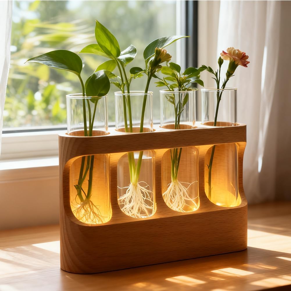 Plant Propagation Station with Glass Tubes – Wooden Plant Cutting Vase Holder, Water Propagation Kit for Indoor Plants