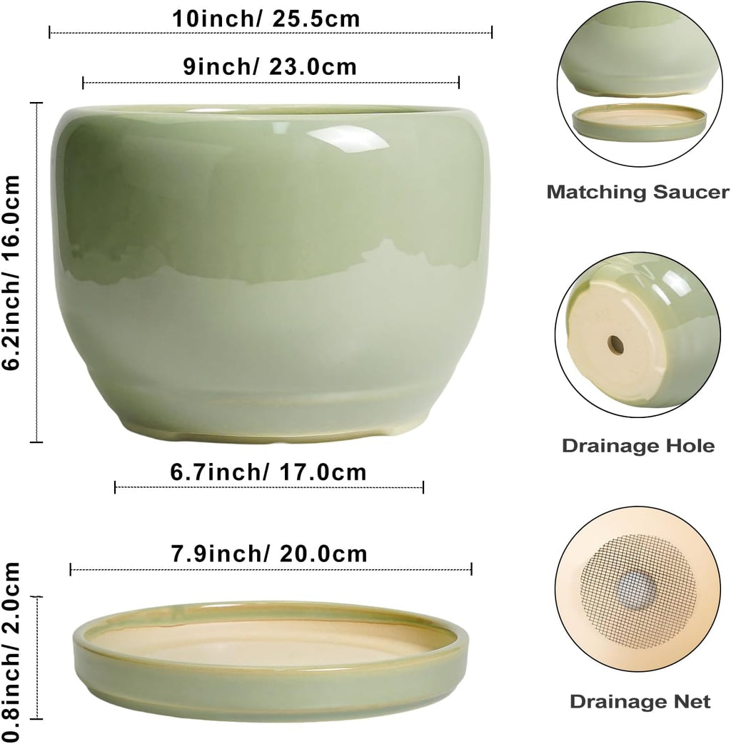 SQOWL Ceramic Planter - 10 Inch Pot for Plants Indoor Outdoor, Round Modern Flower Pot with Drainage Hole and Saucer