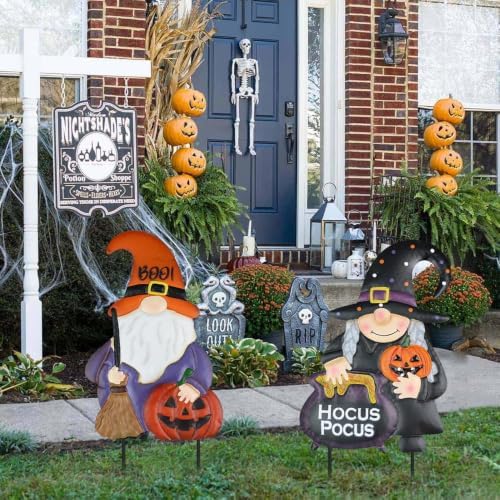 hogardeck Halloween Decorations Outdoor, Metal Gnomes Decorative Garden Stakes with Pumpkins Halloween Decorations Outside, Hocus Poucs Yard Signs for Garden Lawn Patio Halloween Decor