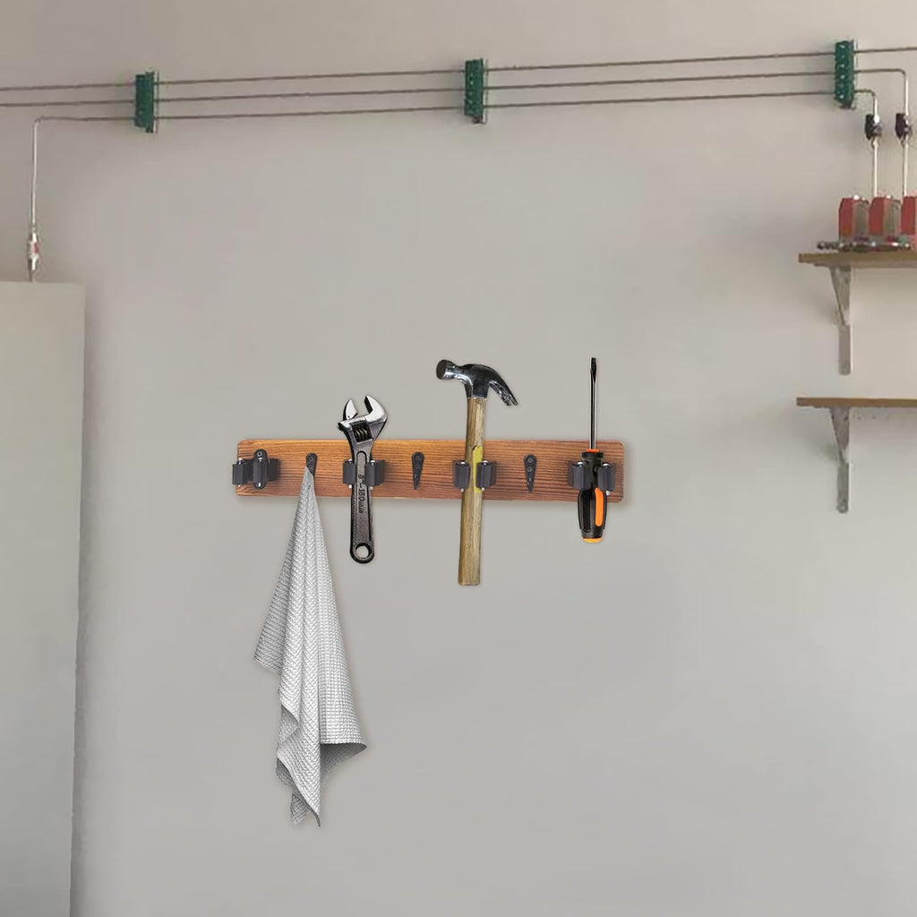 2 Pack Mop and Broom Holder Wall Mount Solid Wood Broom Rack Wall Mount 4 Positions 3 Hooks for Home, Kitchen, Garden