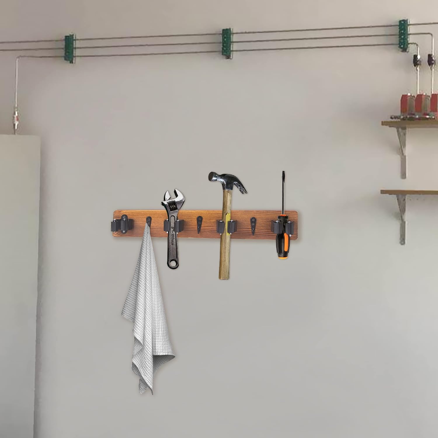 2 Pack Mop and Broom Holder Wall Mount Solid Wood Broom Rack Wall Mount 4 Positions 3 Hooks for Home, Kitchen, Garden