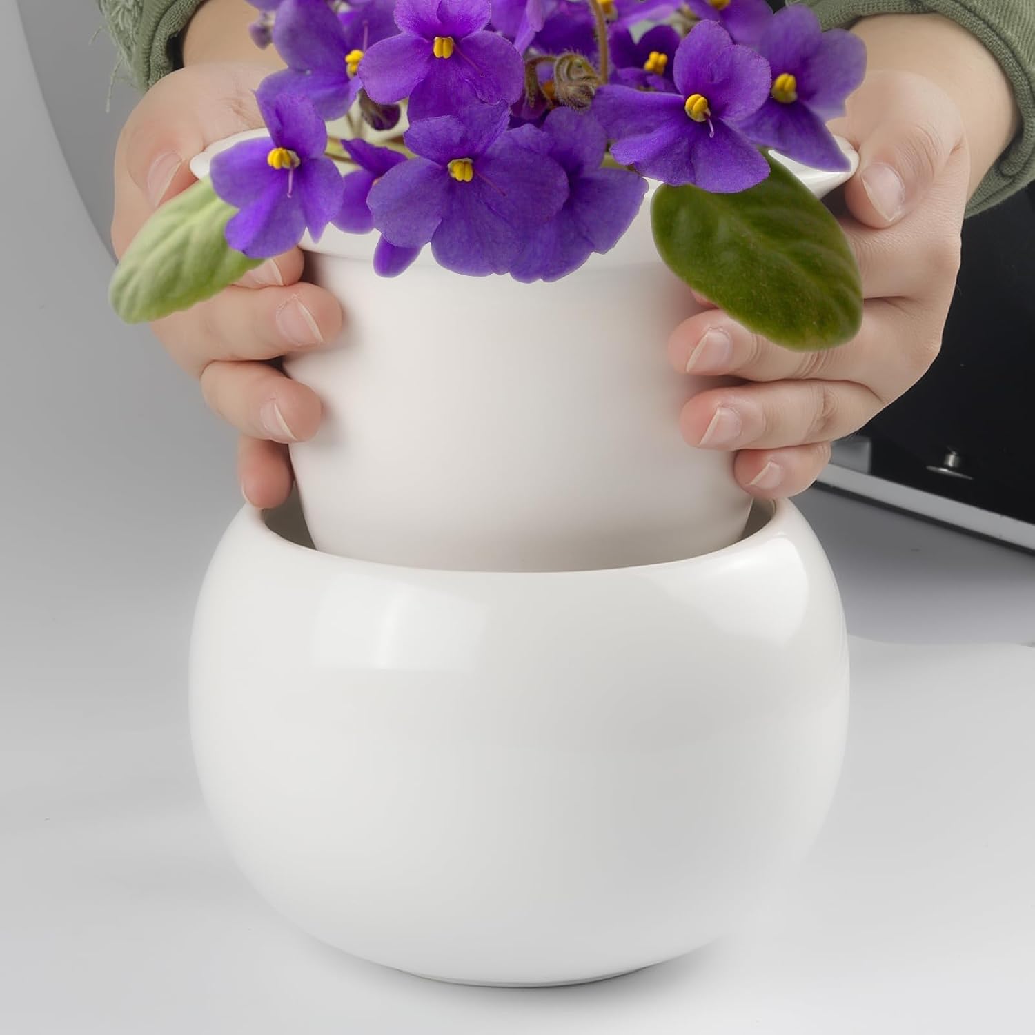 BUYMAX 6 Inch Self Watering Ceramic African Violet Pot Flower Pot Indoor | Absorbent Inner Pot Design | Automatic