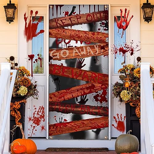 Large Halloween Zombie Door Cover, 35X73 Inch Bloody Handprint Halloween Front Door Cover Decoration Shadowy Figure Poster Scary Haunted House Party Supplies for Porch Indoor Office Window