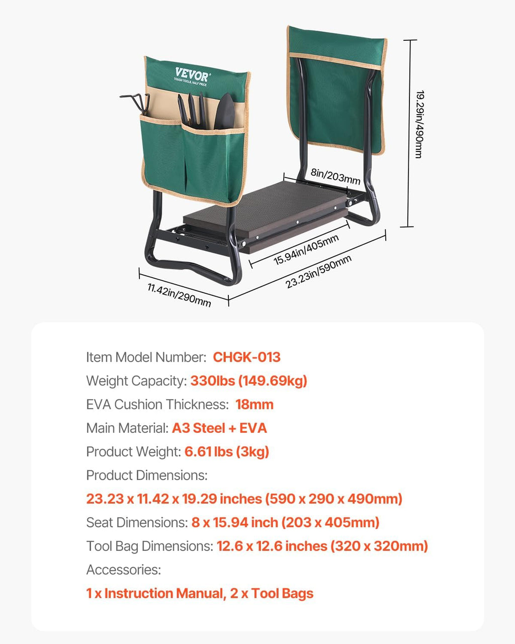 VEVOR Garden Kneeler and Seat, 330 lbs Load Capacity, 8" EVA Wide Pad, Foldable Garden Stool, Kneeling Bench for