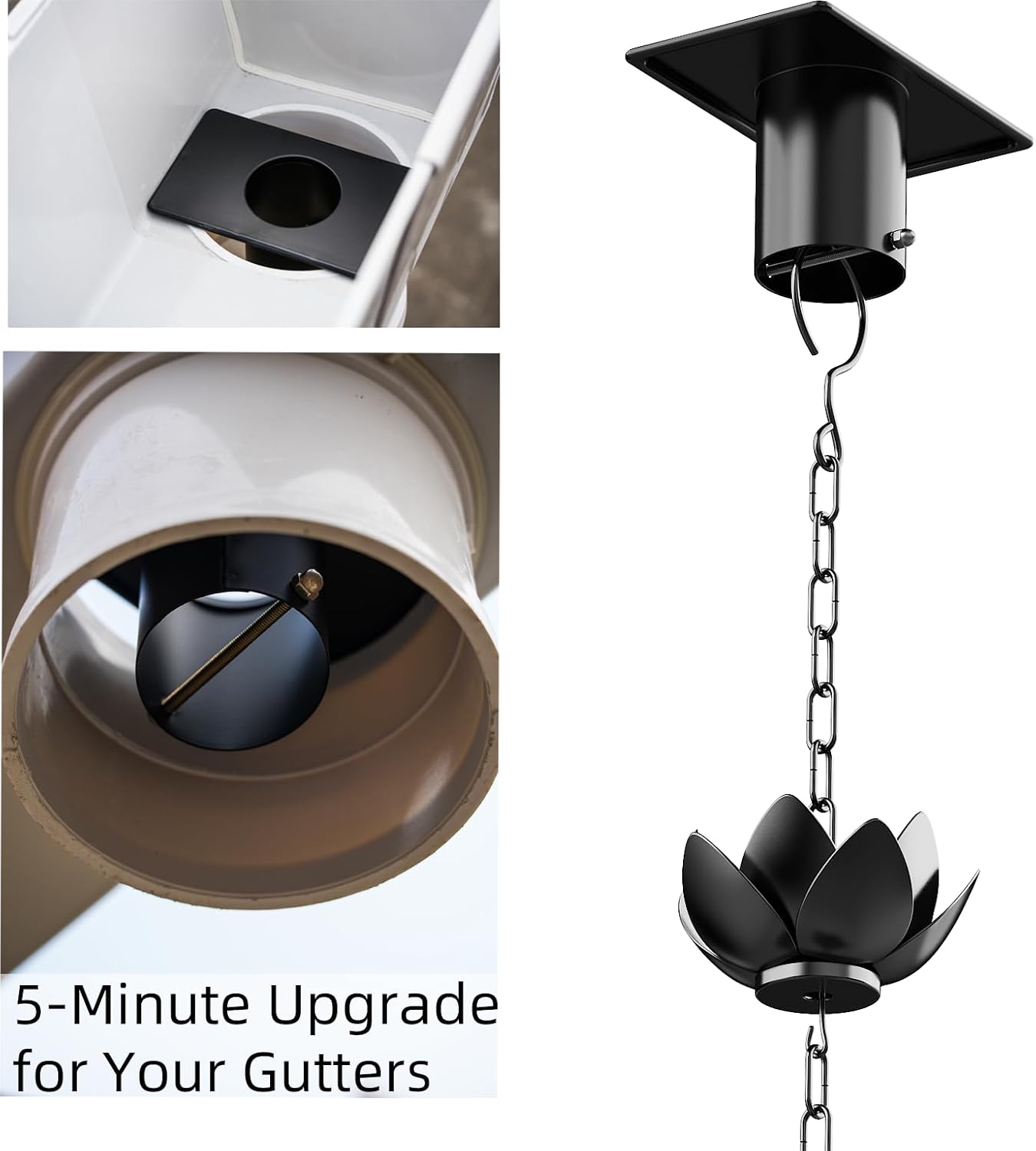 Black Lotus Rain Chain for Gutters with Adapter, 8.5 FT Decorative Rain Chains for Gutters Outdoor, 12 Flower Cups