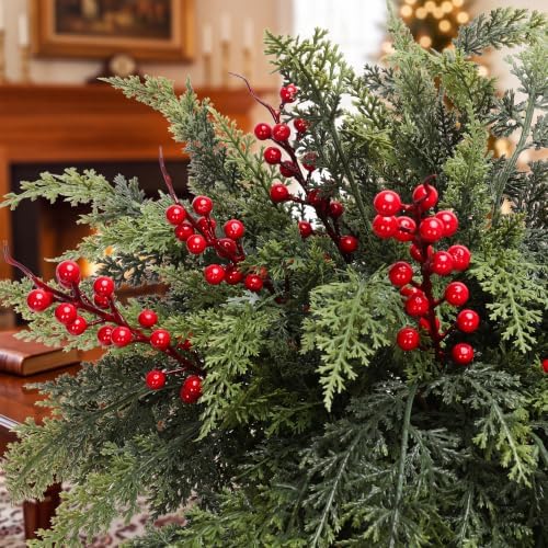 12 Artificial Christmas Cedar Branches, 17.5", with 3 Red Berry Picks