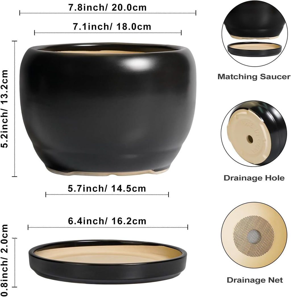 SQOWL Ceramic Plant Pots - 8 Inch Planter Indoor, Round Flower Pot with Drainage Hole and Saucer, Modern Outdoor
