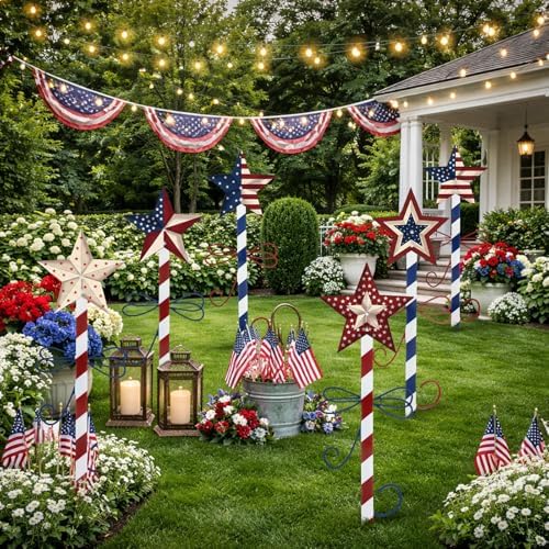6 Pcs 15" 4th of July Metal Yard Stakes Patriotic Outdoor Garden Decorations Stake Red Blue White Star Yard Sign for 250th Independence Day Porch Patio Walkway Lawn Decoration