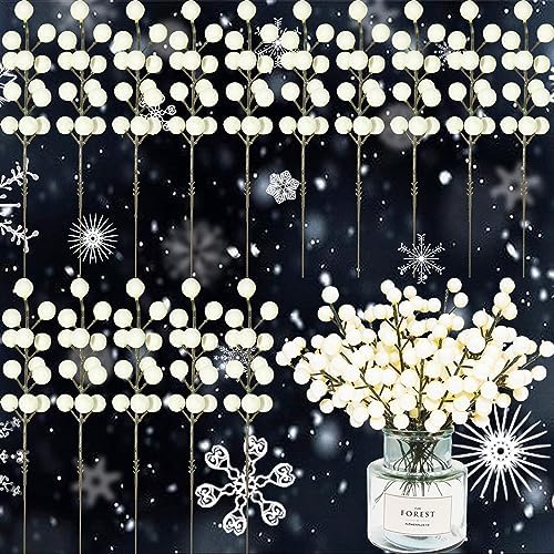 Tinsow Artificial Red Berry Stems Christmas Holly Berry Branches Red Carrion Picks for Holiday Home Decor and Crafts (Ivory, 30)