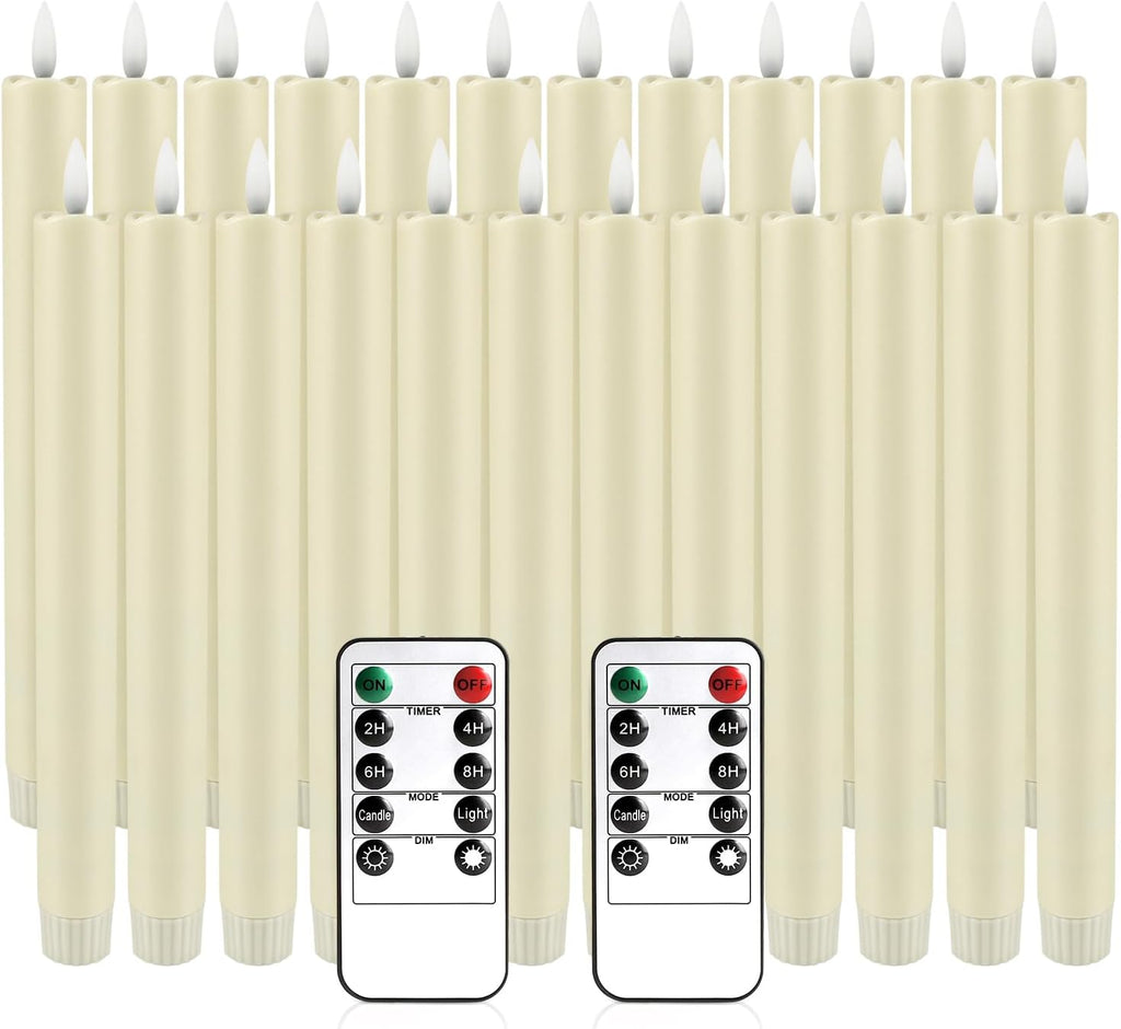 YOROXRG 24 Pack LED Flameless Taper Candles with Timer, Dripless Fake Candlesticks with 3D Flickering Flame, 9.6 Inches White Window Candle for Fireplace Christmas Halloween（Ivory）