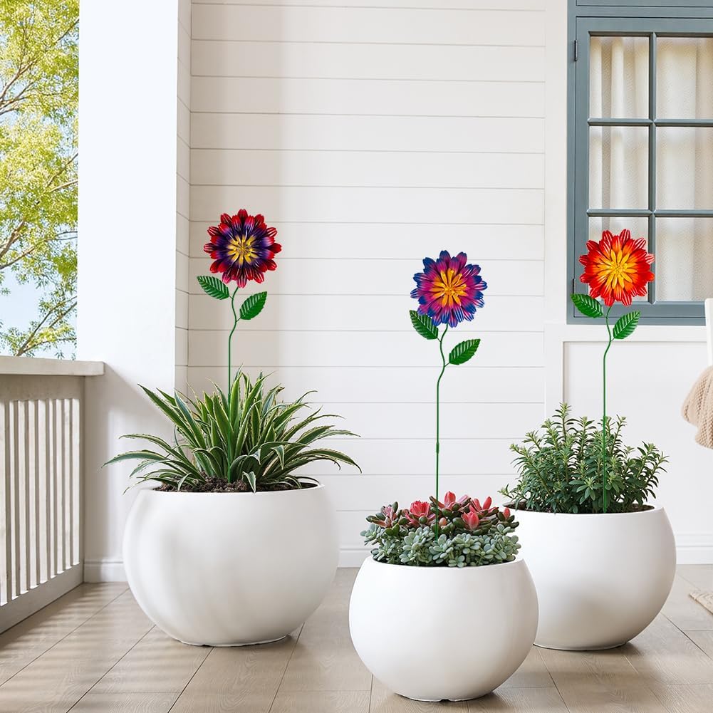 Metal Flowers for Outside,3 Pack Decorative Garden Stakes | Metal Spring Decor,Waterproof Metal Yard Art for