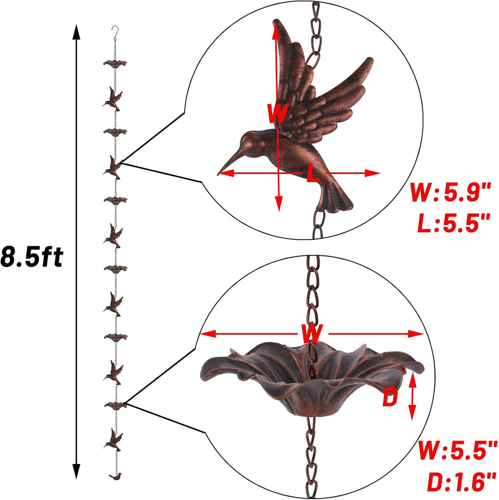8.5FT Hummingbird Rain Chain,Rain Chains for Outside,Rainwater Catcher Chains, Outdoor Garden Yard Decor | Rainwater