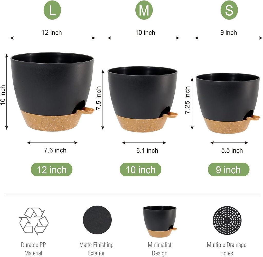 UOUZ Large Self Watering Pots, 12/10/9 Plastic Planters with High Drainage Holes and Deep Reservoir for Indoor Outdoor